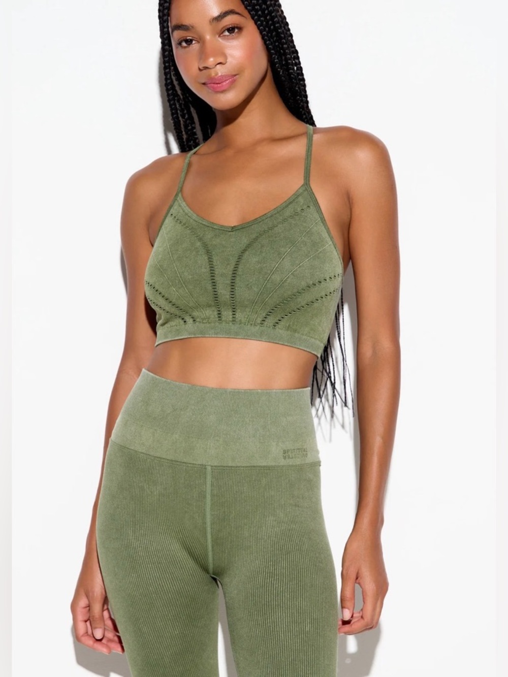 Spiritual Gangster Gwenyth Sports Bra Green Mineral Wash Seamless Large